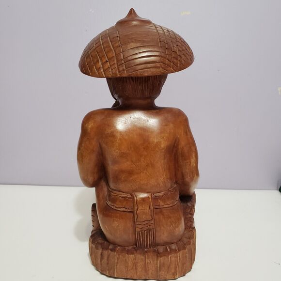 Wooden Folklore Hand Carved Asian Man Hat Pipe 11" Tall Home Decor - Picture 4 of 10